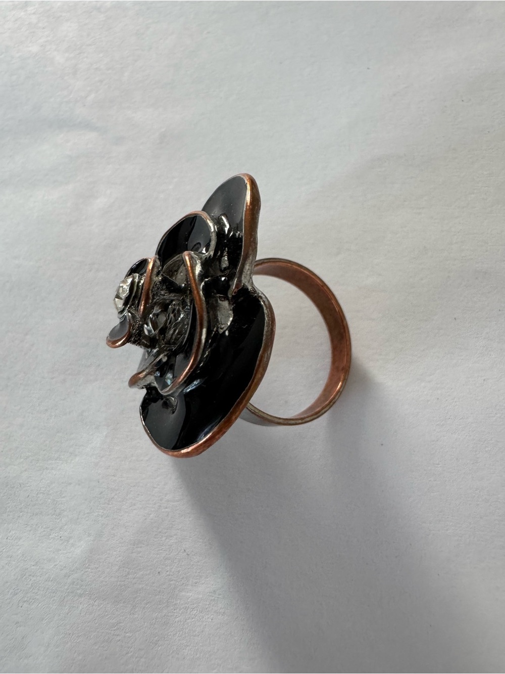 Vintage Style Black Enamel Flower Ring Rhinestone Center - Picture 3 of 6
